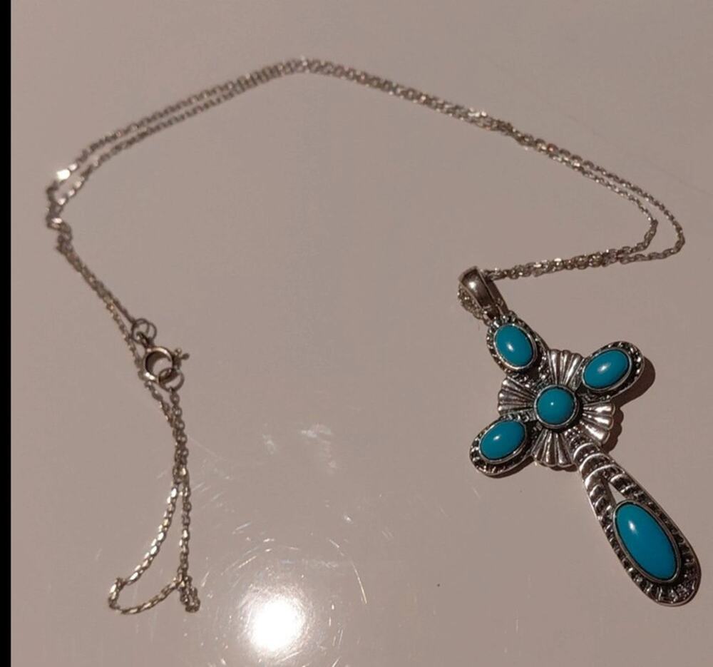 solid .925 sterling silver and sodalite natural stone cross necklace
